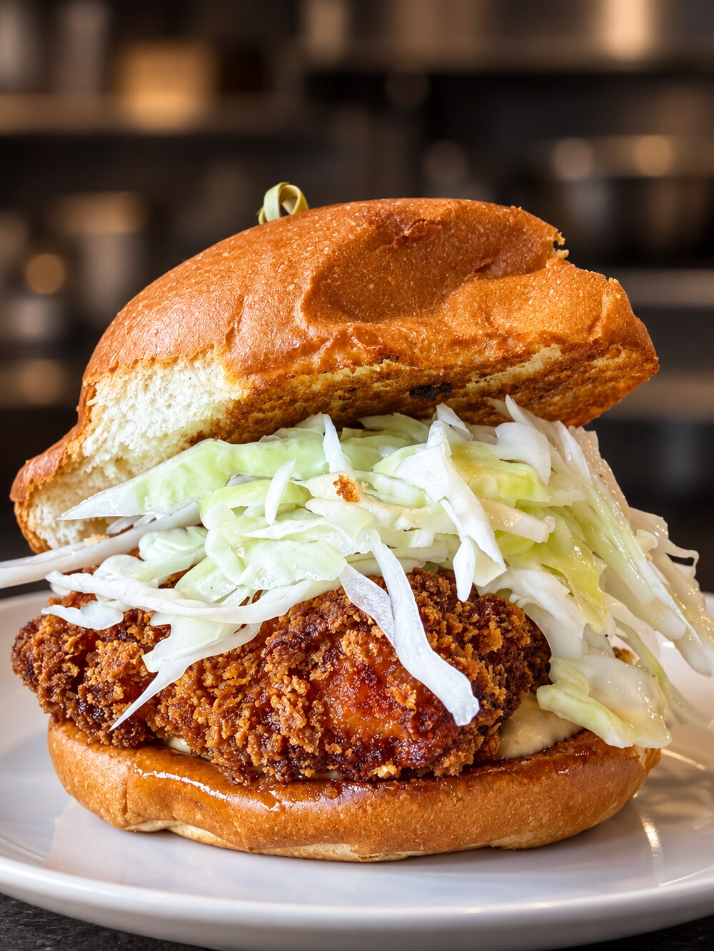 Da Kailua Hammah crispy chicken katsu sandwich with cabbage on a potato bun