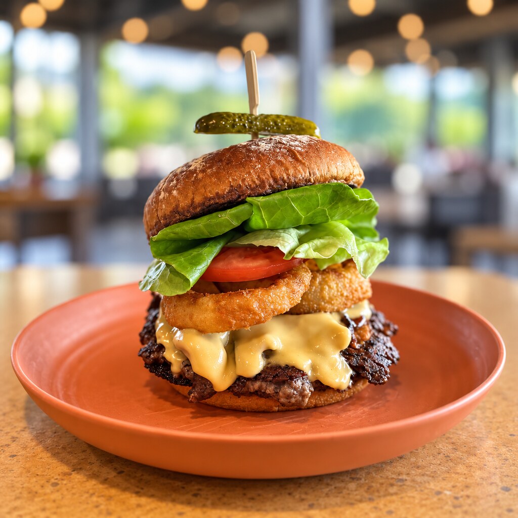 Overhead Smash Burger shown with onion rings
