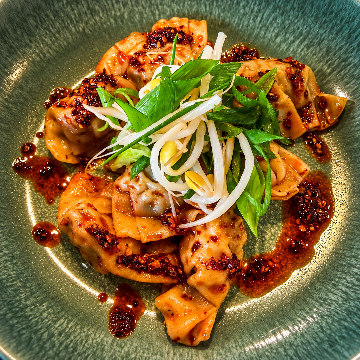 Steamed Chicken Dumplings with Szechuan chili crisp and scallions